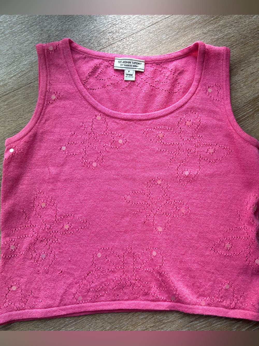 ✨St. John Sport Pink Butterfly Sequin Pointelle Knit Shell Tank Top Petite P